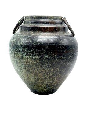 Vintage Metal Vase With Rustic Green Patina & Decorative Handles